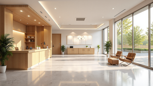 宽敞明亮的现代化办公室接待区,前台工作人员正在接待访客,体现公司的专业形象