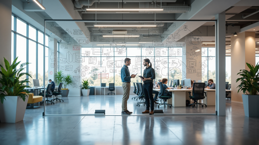 现代化办公室内部,年轻技术人员正在讨论项目,墙上挂着公司愿景标语,展现积极向上的工作氛围